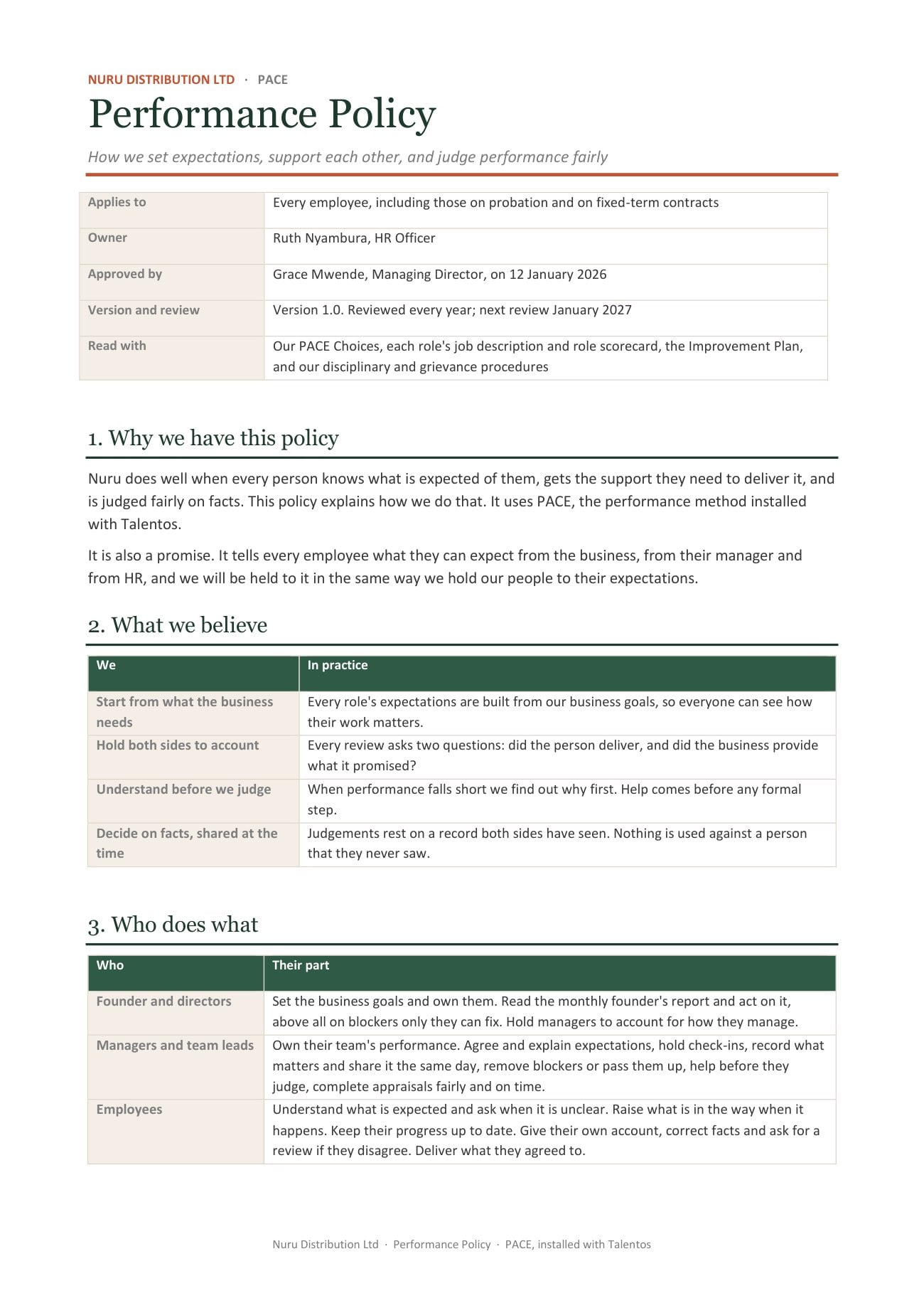 Performance policy document